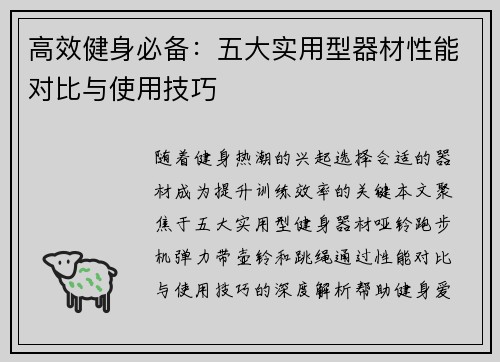 高效健身必备：五大实用型器材性能对比与使用技巧